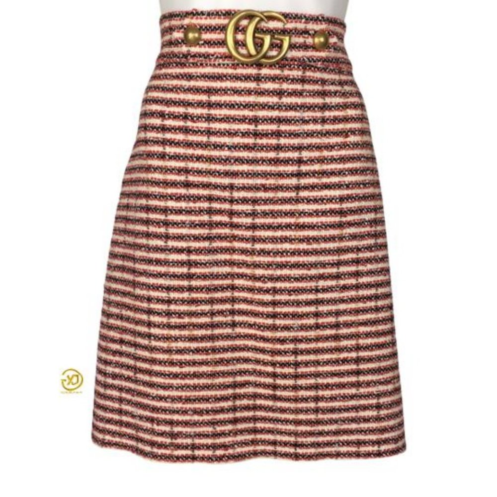 NWT Gucci Women's GG Red Multicolor Belt A-Line Striped Tweed Skirt